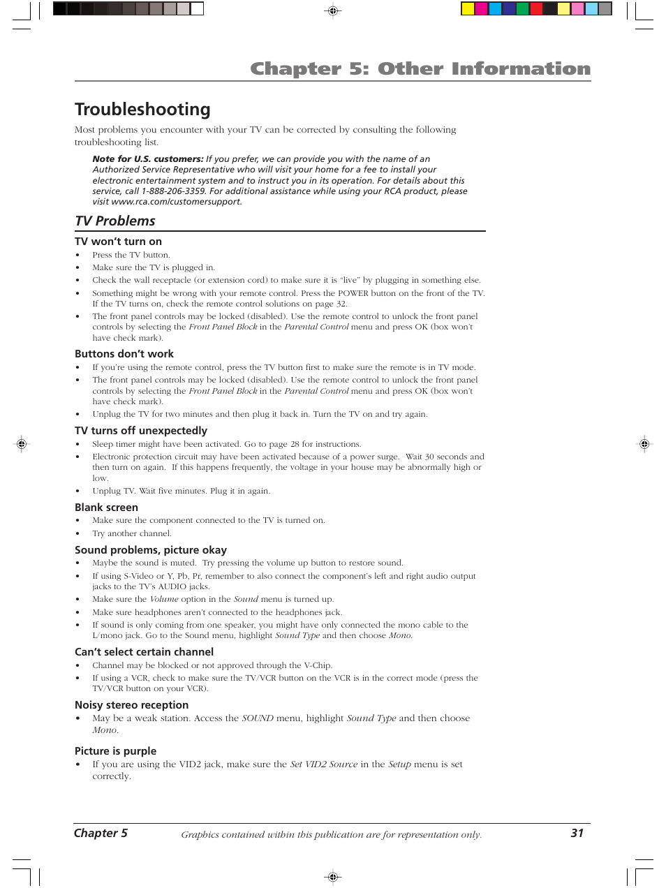 Chapter 5: other information, Troubleshooting, Tv problems | RCA LCDS2022B User Manual | Page 35 / 40