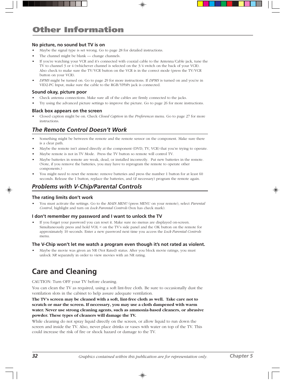 Other information, Care and cleaning, The remote control doesn’t work | Problems with v-chip/parental controls | RCA LCDS2022B User Manual | Page 36 / 40