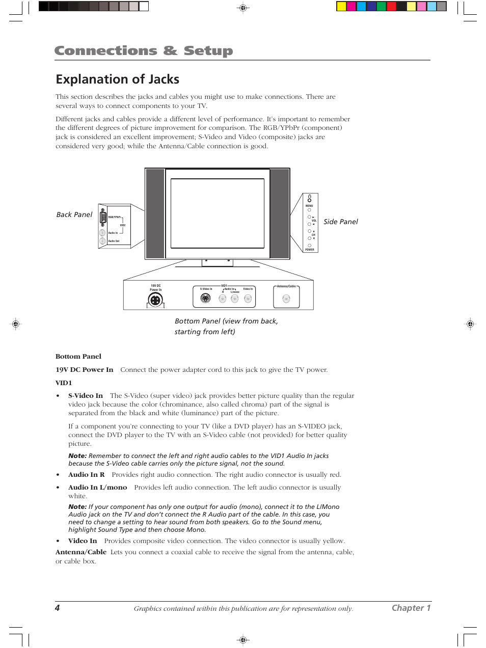 Connections & setup, Explanation of jacks, 4chapter 1 | RCA LCDS2022B User Manual | Page 8 / 40