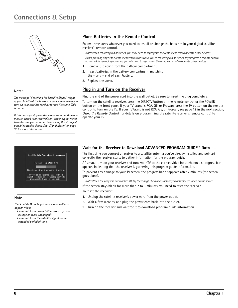 Place batteries in the remote control, Plug in and turn on the receiver, Wait for the receiver to download | Advanced program guide™ data, Connections & setup | RCA DRD455RH User Manual | Page 10 / 48