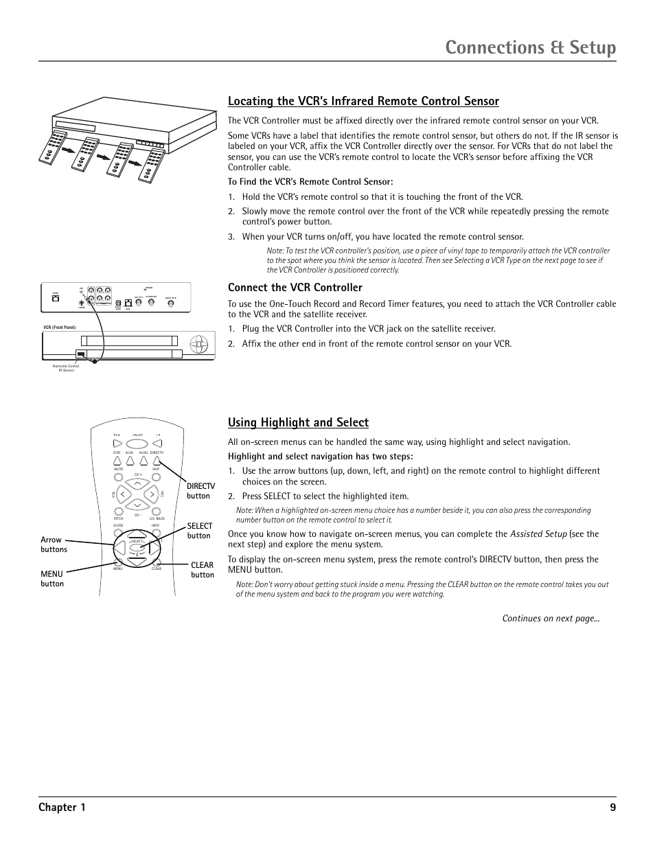 Locating the vcr’s infrared remote control sensor, Using highlight and select, Connections & setup | Chapter 1 9, Connect the vcr controller, Continues on next page | RCA DRD455RH User Manual | Page 11 / 48