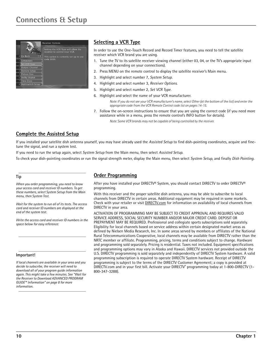 Selecting a vcr type, Order programming, Connections & setup | Complete the assisted setup | RCA DRD455RH User Manual | Page 12 / 48