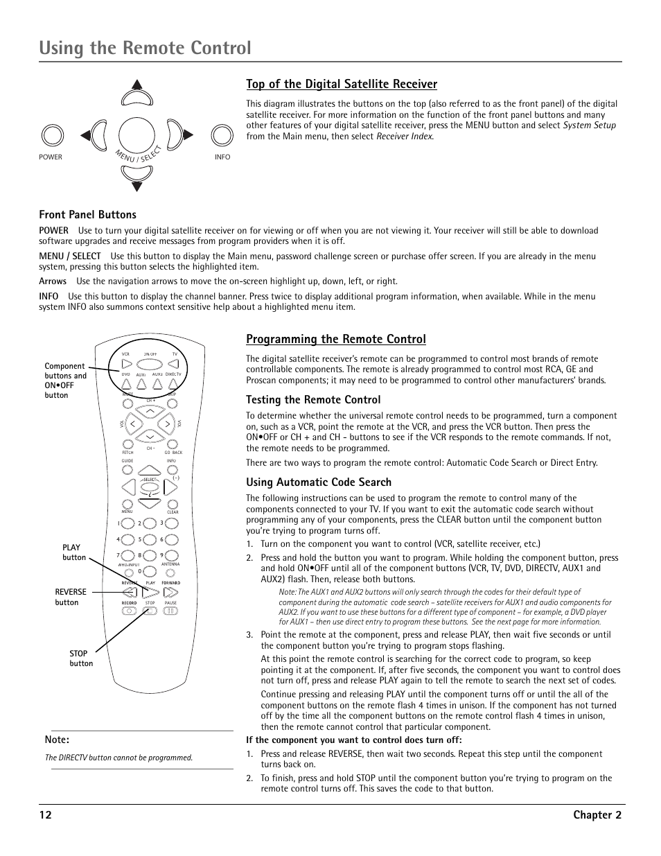 Programming the remote control, Testing the remote control, Using automatic code search | Using the remote control, Top of the digital satellite receiver, 12 chapter 2, Front panel buttons | RCA DRD455RH User Manual | Page 14 / 48