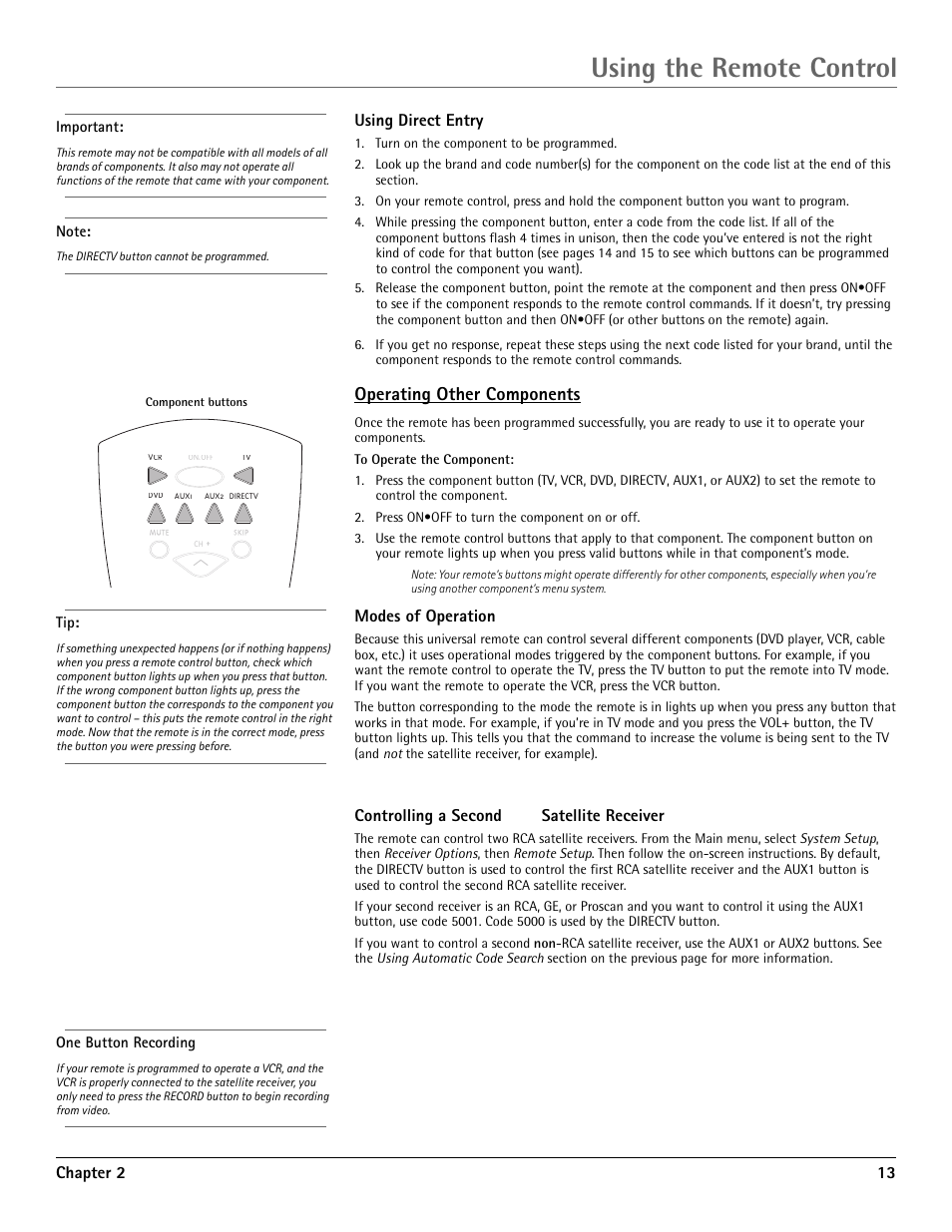 Operating other components, Modes of operation, Controlling a second rca satellite receiver | Using the remote control | RCA DRD455RH User Manual | Page 15 / 48