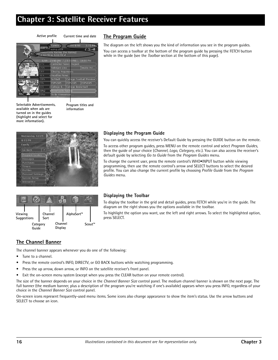 Chapter 3: satellite receiver features, The channel banner, The program guide | RCA DRD455RH User Manual | Page 18 / 48