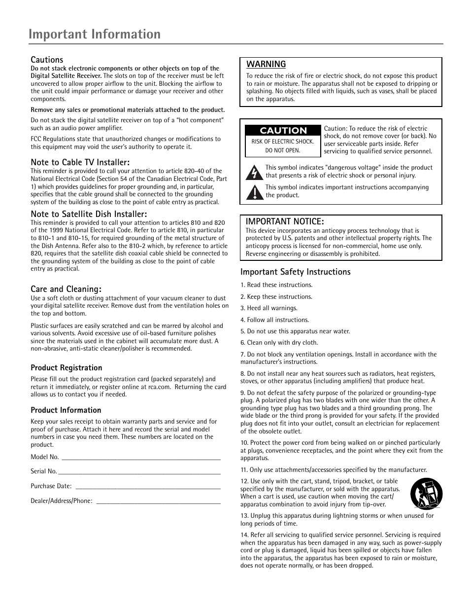 Important information | RCA DRD455RH User Manual | Page 2 / 48