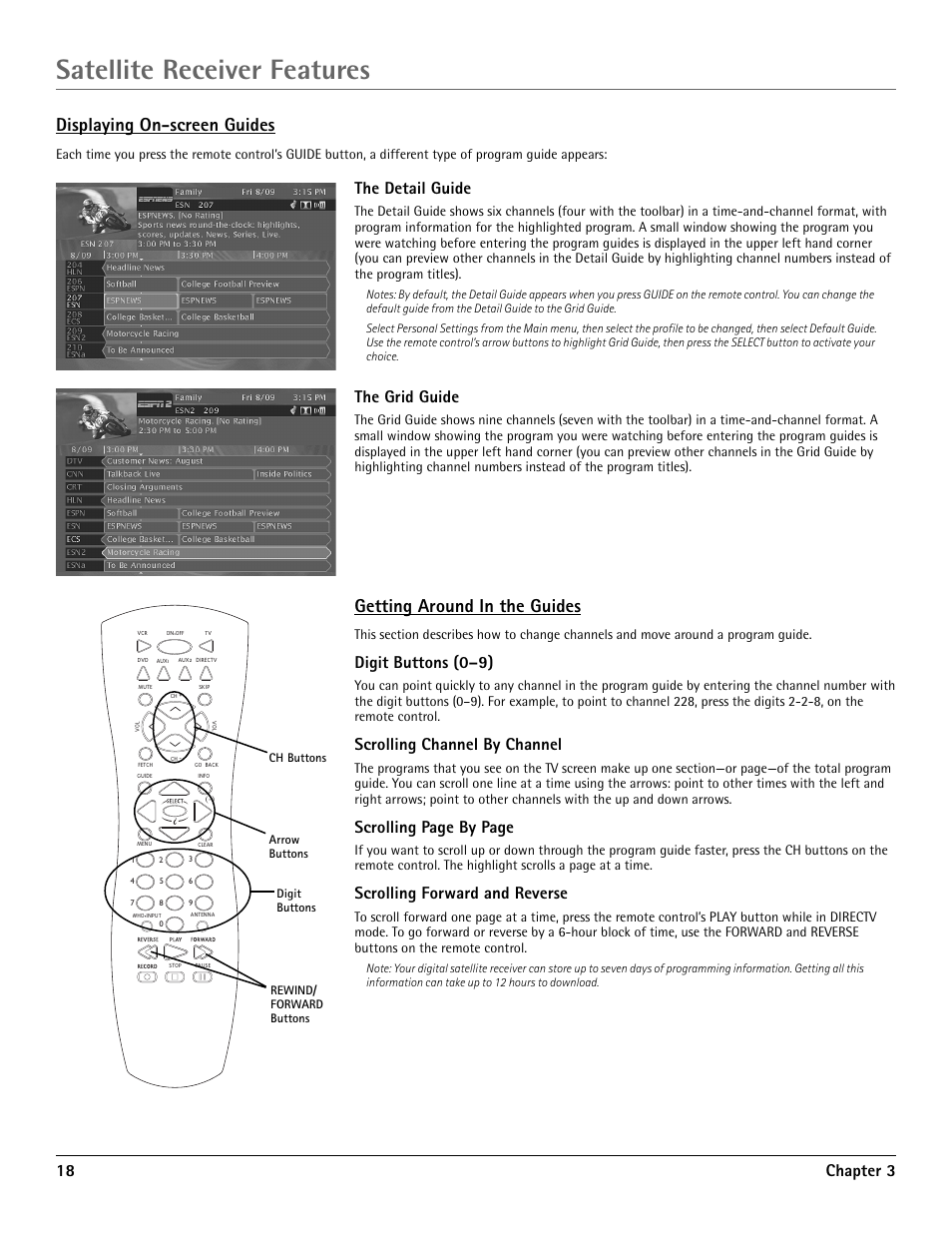 Displaying on-screen guides, The detail guide, The grid guide | Getting around in the guides, The detail guide the grid guide, Satellite receiver features, 18 chapter 3, Digit buttons (0–9), Scrolling channel by channel, Scrolling page by page | RCA DRD455RH User Manual | Page 20 / 48