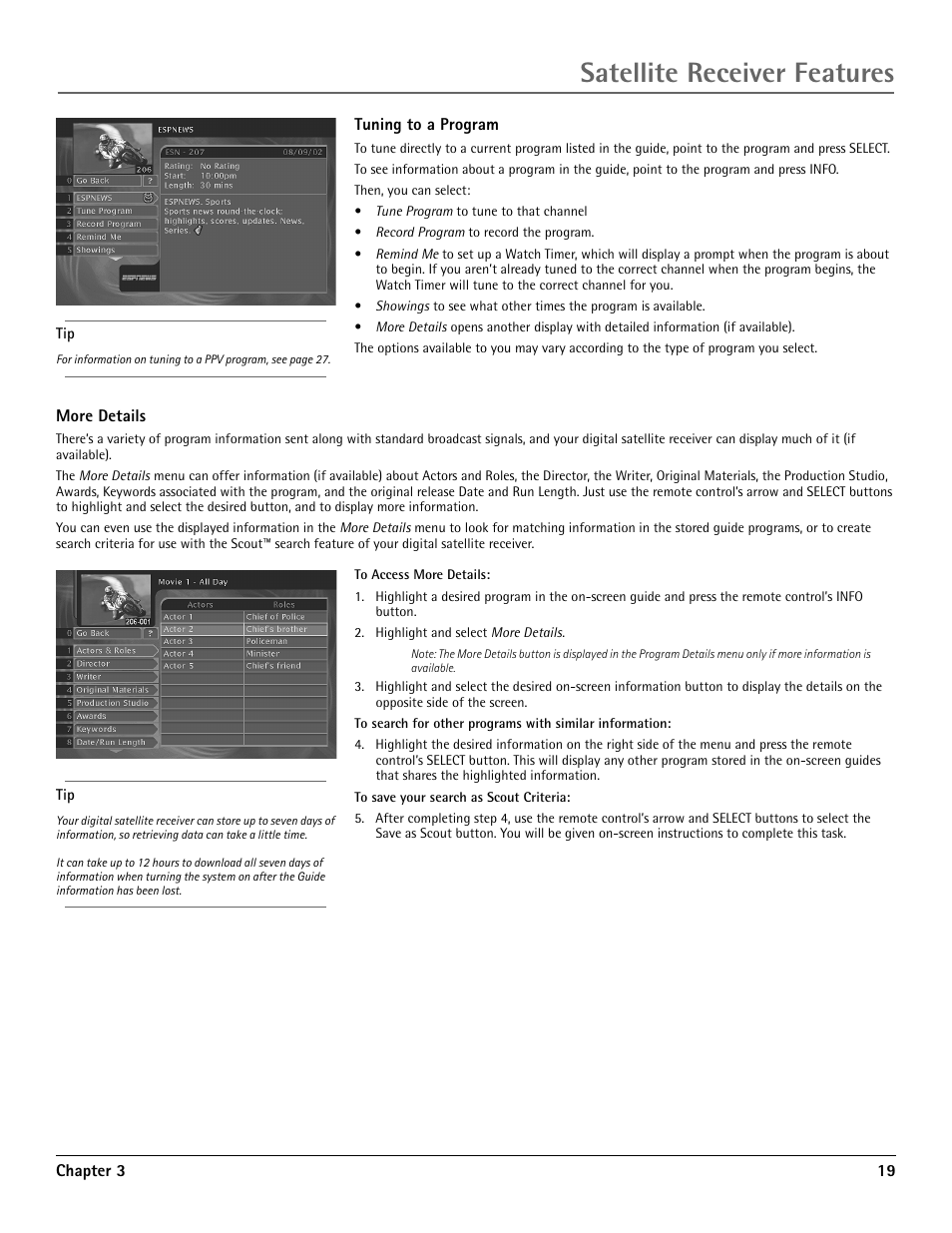 More details, Satellite receiver features | RCA DRD455RH User Manual | Page 21 / 48