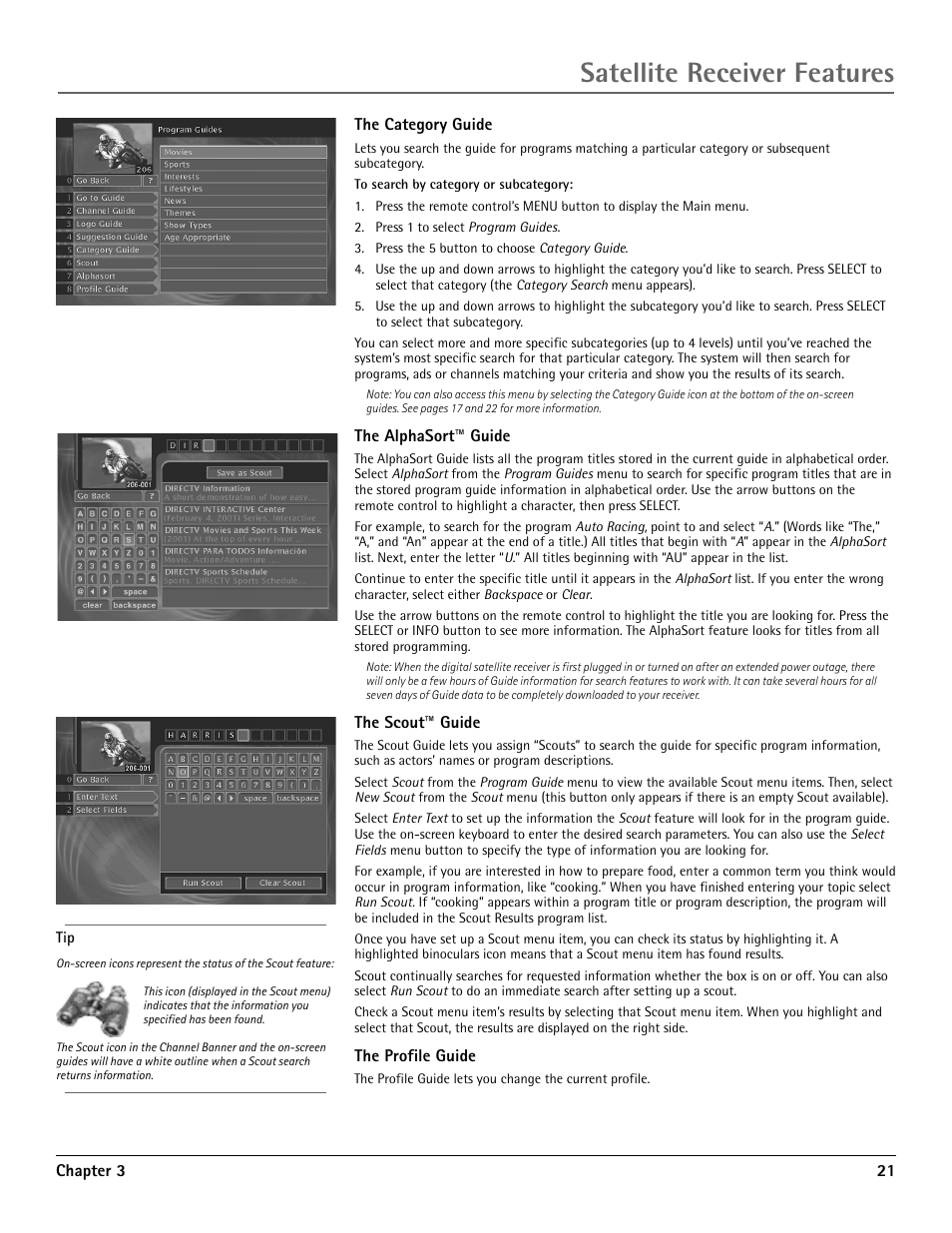 The category guide, The alphasort™ guide, The scout™ guide | The profile guide, Satellite receiver features | RCA DRD455RH User Manual | Page 23 / 48
