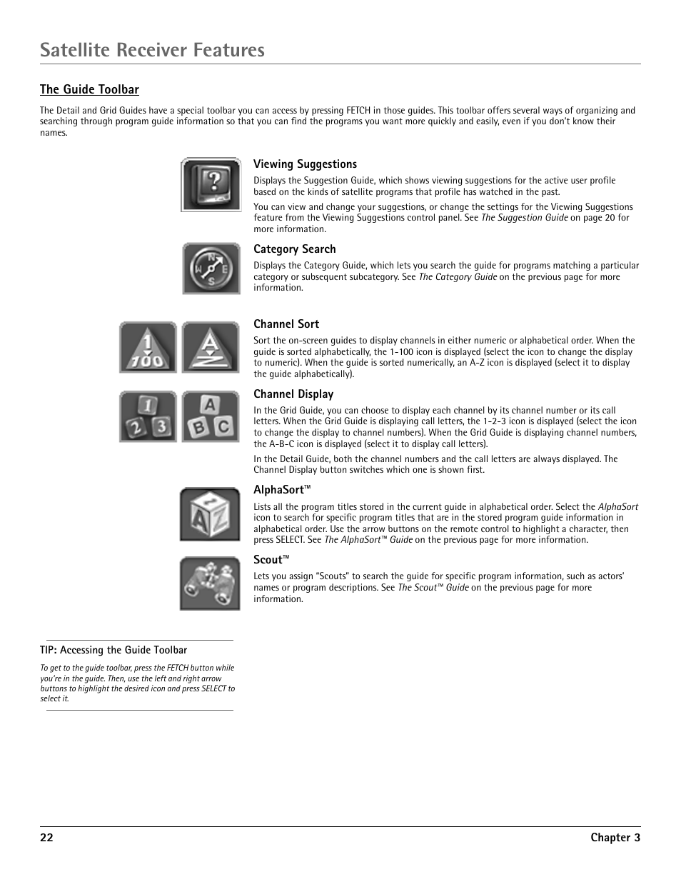 The guide toolbar, Satellite receiver features | RCA DRD455RH User Manual | Page 24 / 48
