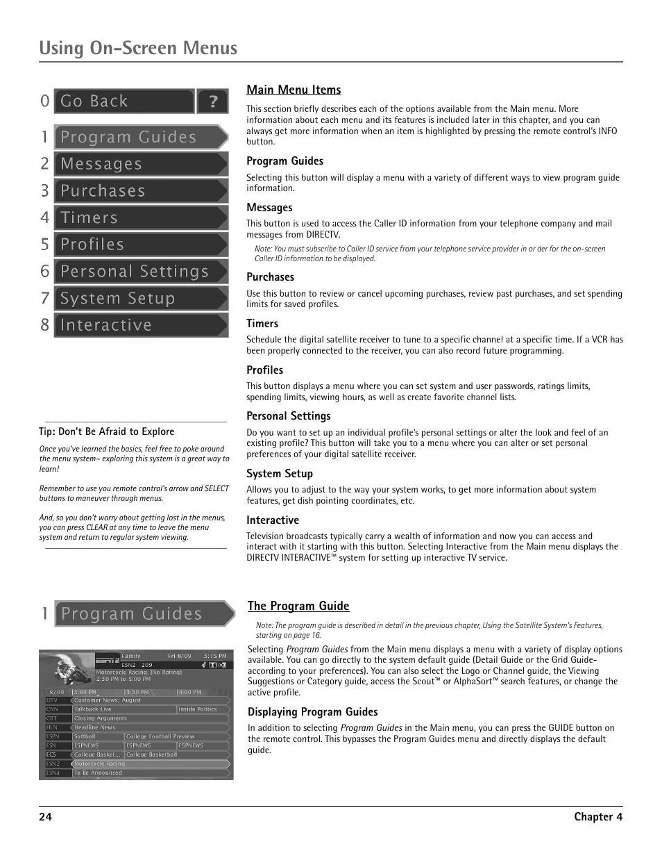 Main menu items, The program guide, Main menu items the program guide | Using on-screen menus | RCA DRD455RH User Manual | Page 26 / 48