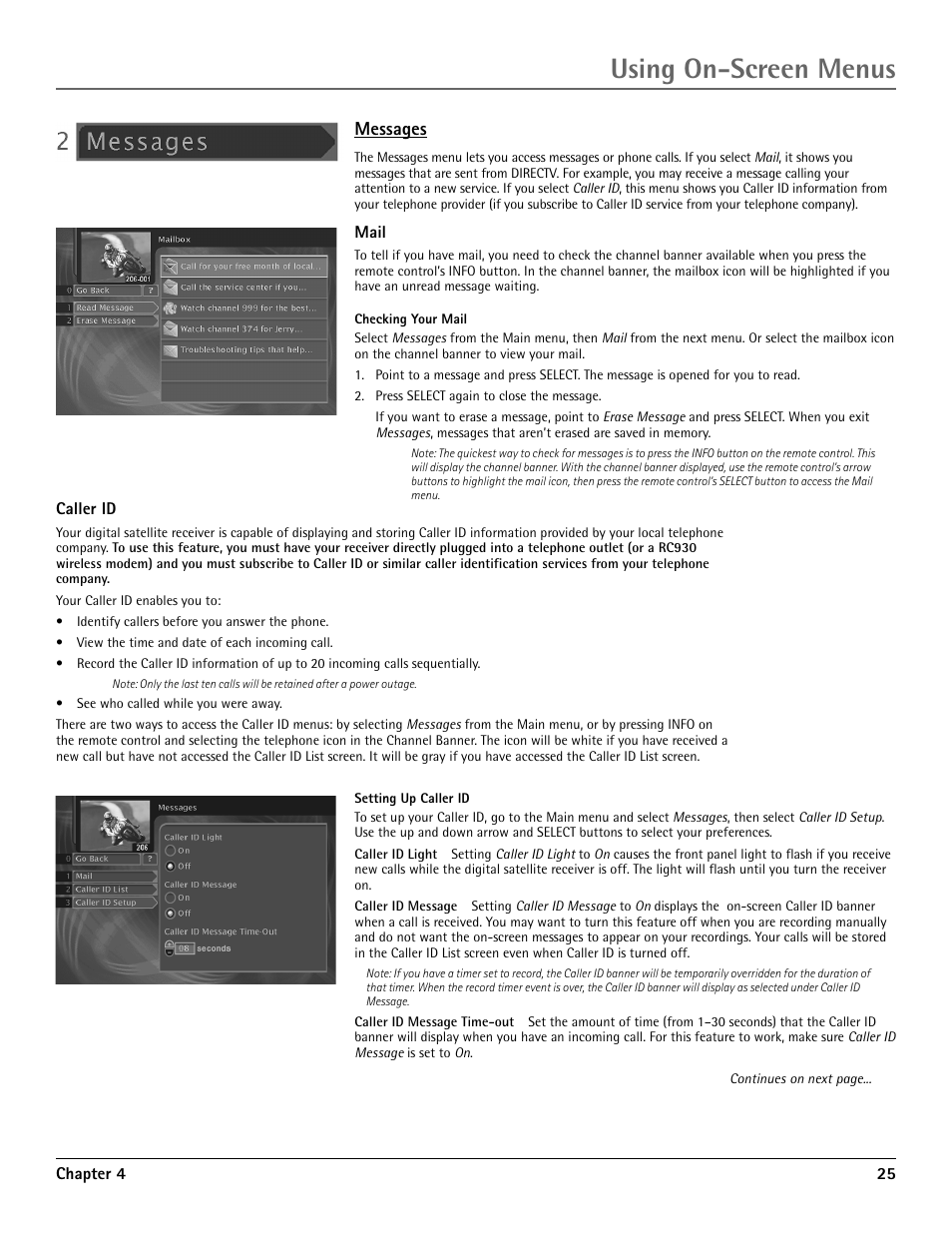 Messages, Mail, Using on-screen menus | RCA DRD455RH User Manual | Page 27 / 48