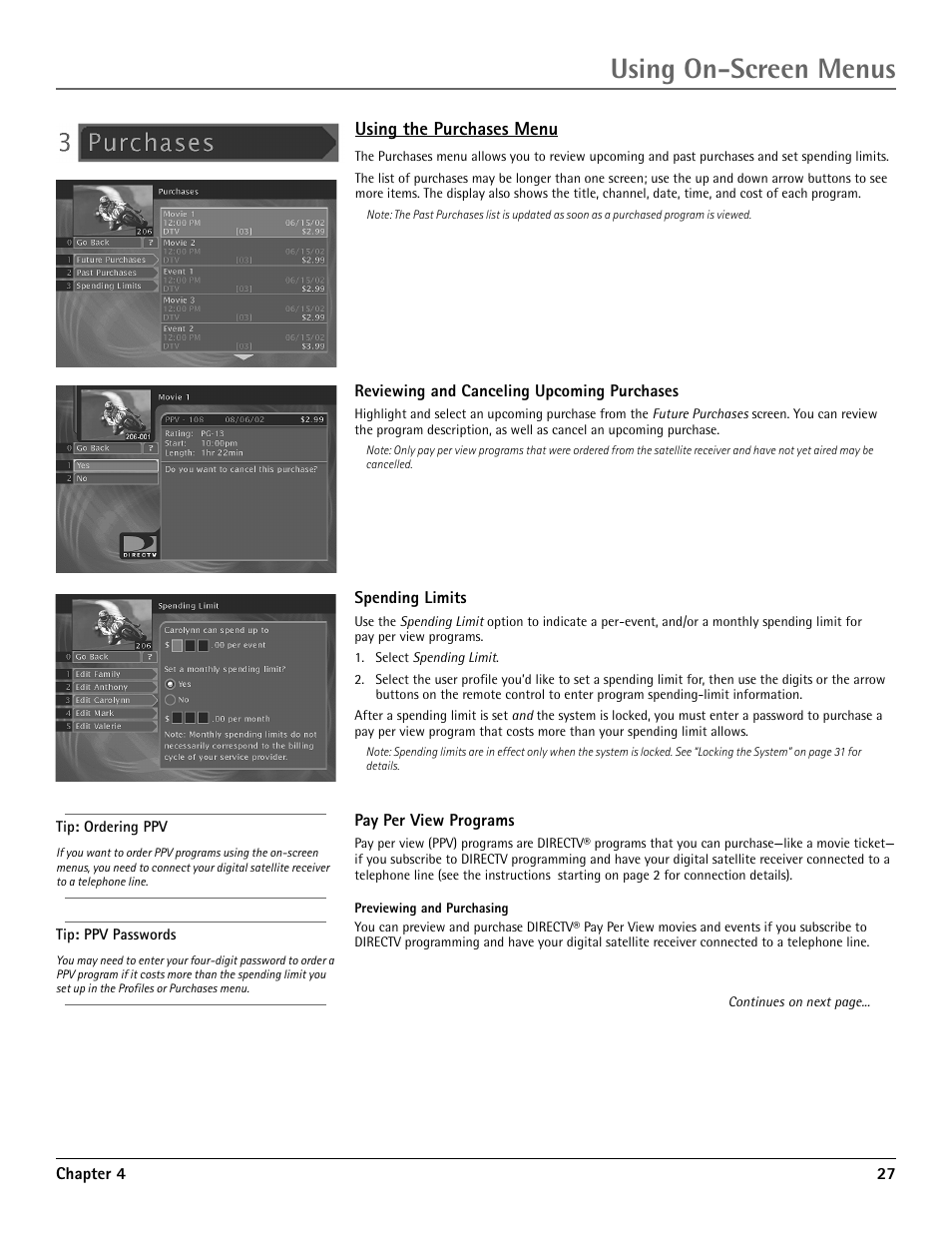 Using the purchases menu, Using on-screen menus | RCA DRD455RH User Manual | Page 29 / 48