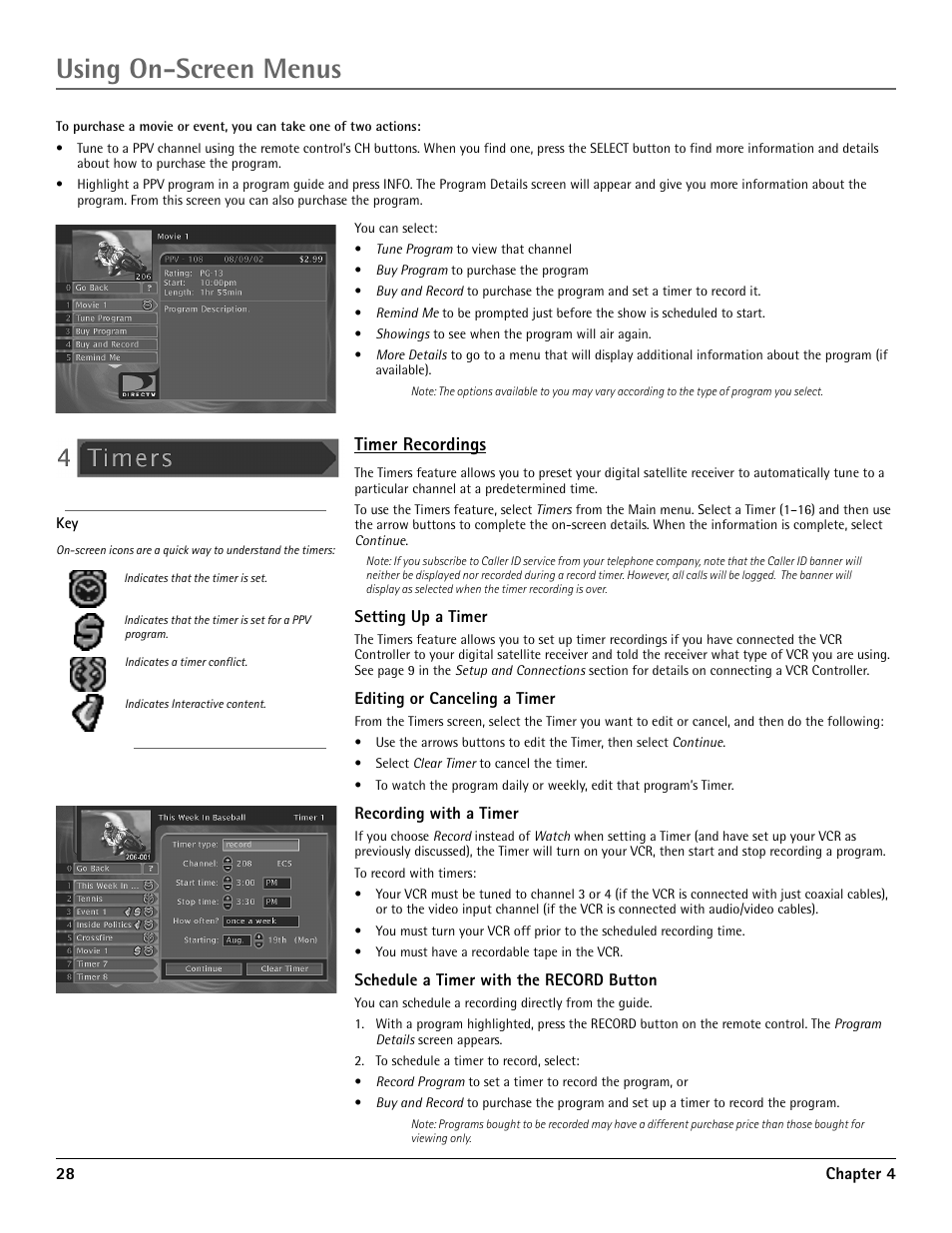 Timer recordings, Using on-screen menus | RCA DRD455RH User Manual | Page 30 / 48