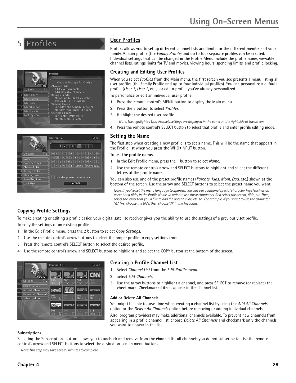 User profiles, Creating and editing user profiles, Creating a profile channel list | Using on-screen menus | RCA DRD455RH User Manual | Page 31 / 48