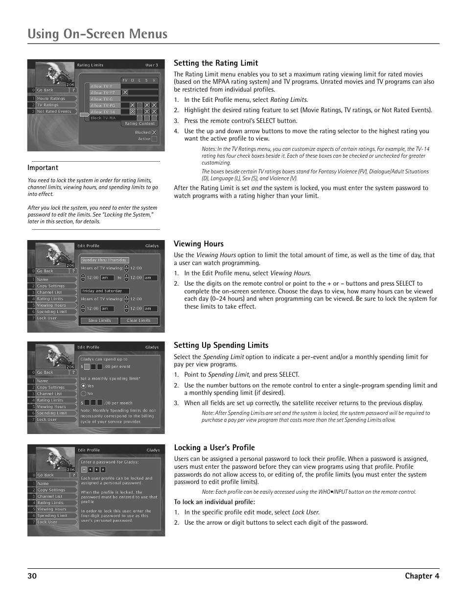 Setting the rating limit, Viewing hours, Setting up spending limits | Locking a user’s profile, Using on-screen menus | RCA DRD455RH User Manual | Page 32 / 48
