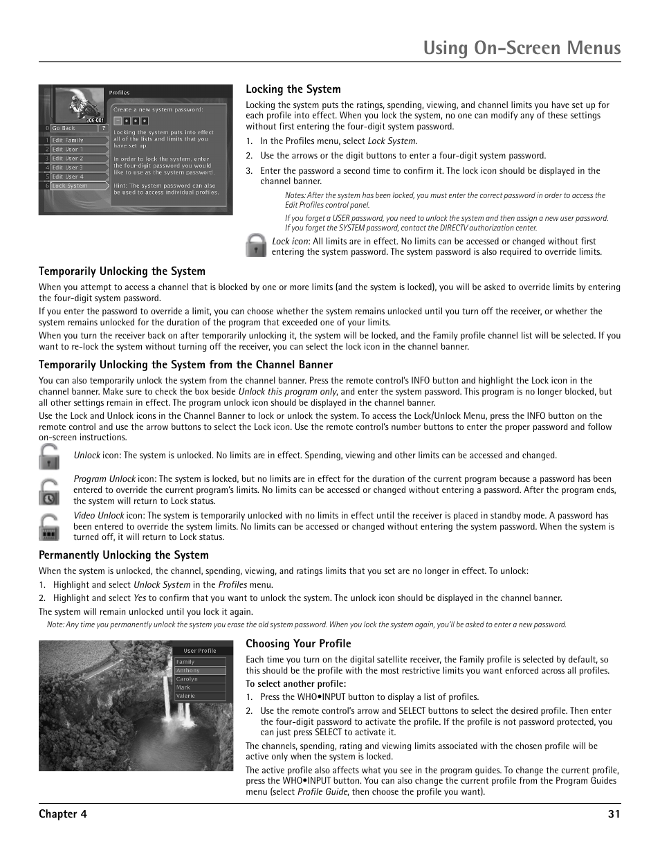 Locking the system, Choosing your profile, Using on-screen menus | RCA DRD455RH User Manual | Page 33 / 48