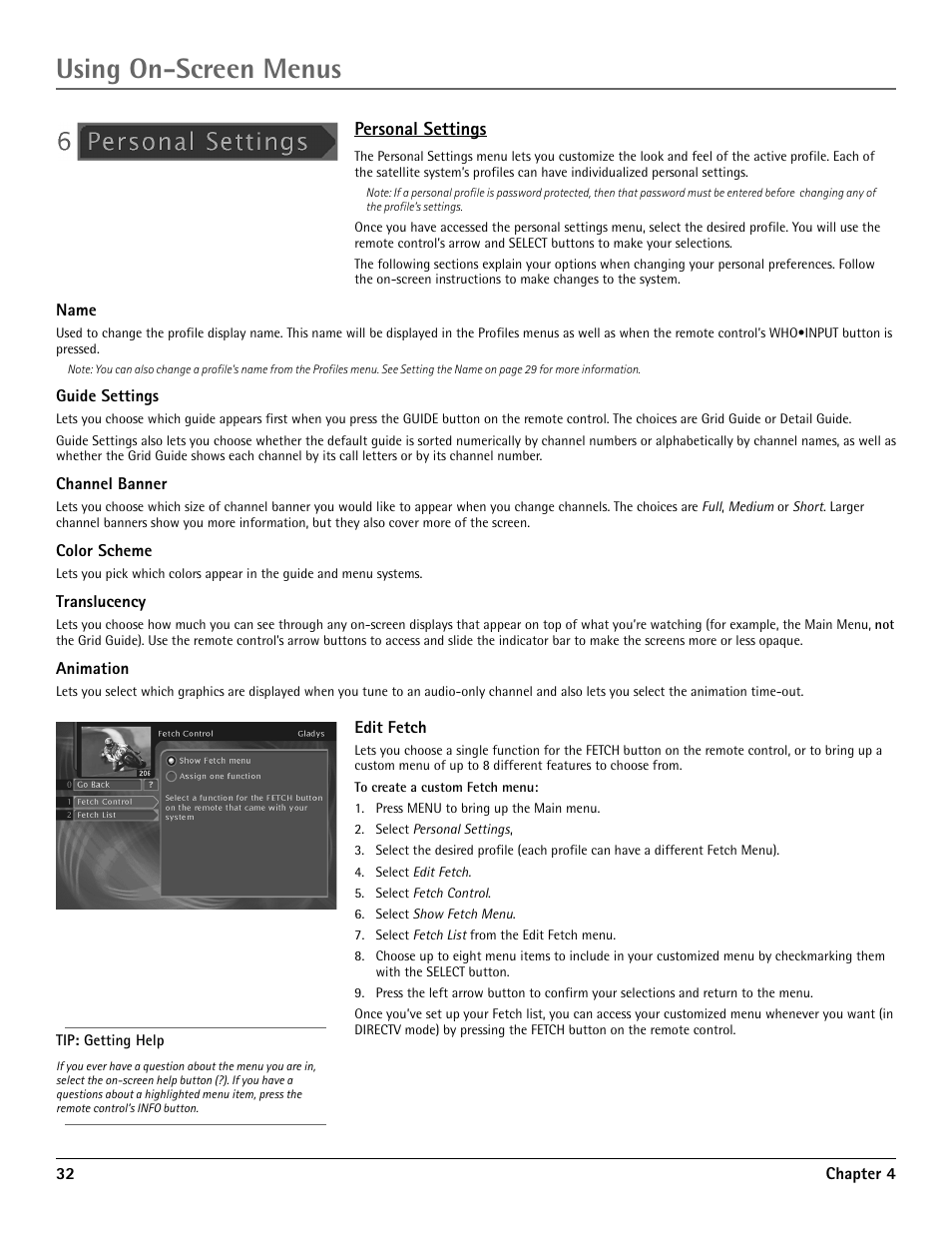 Name, Personal settings, Edit fetch | Using on-screen menus | RCA DRD455RH User Manual | Page 34 / 48