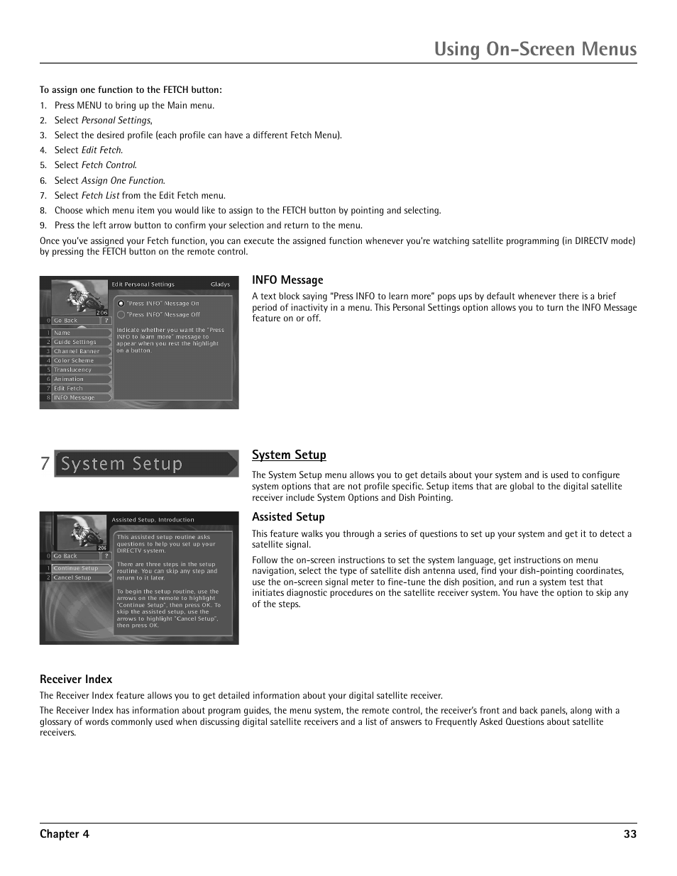 Info message, System setup, Assisted setup | Using on-screen menus | RCA DRD455RH User Manual | Page 35 / 48