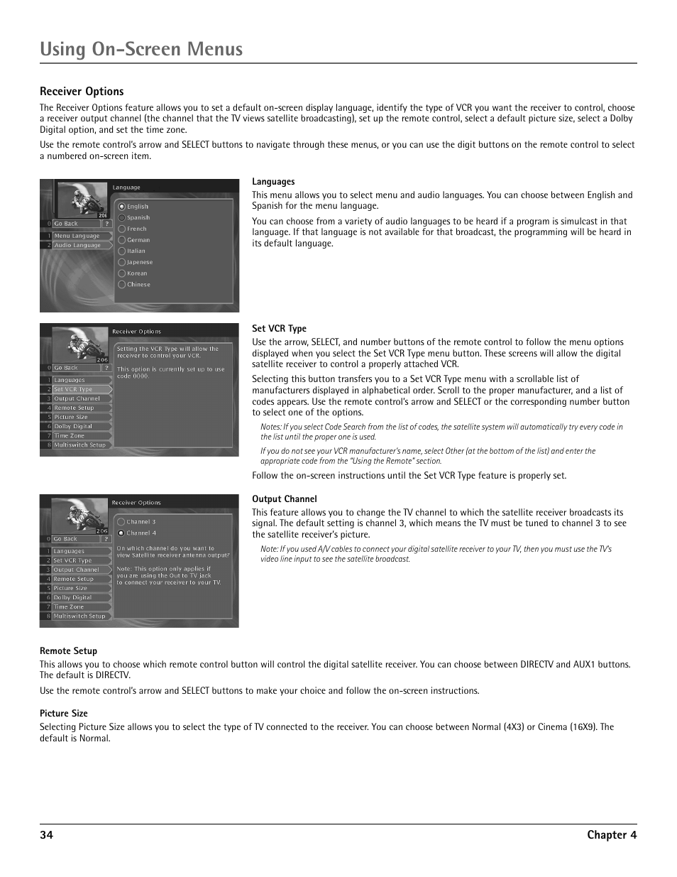 Receiver index, Receiver options, Using on-screen menus | RCA DRD455RH User Manual | Page 36 / 48
