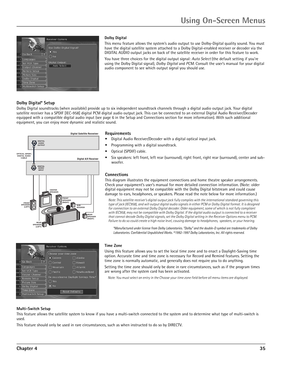 Using on-screen menus, Chapter 4 35, Requirements | Connections, Dolby digital* setup | RCA DRD455RH User Manual | Page 37 / 48