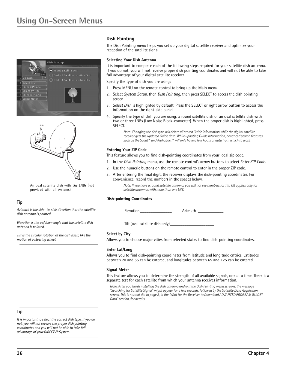 Dish pointing, Using on-screen menus | RCA DRD455RH User Manual | Page 38 / 48