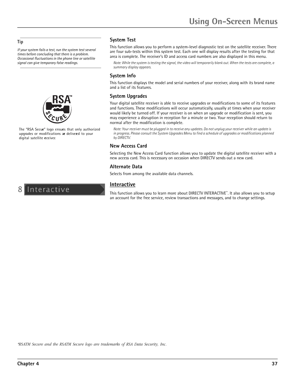 System test, System info, System upgrades | New access card, Alternate data, Interactive, Using on-screen menus | RCA DRD455RH User Manual | Page 39 / 48