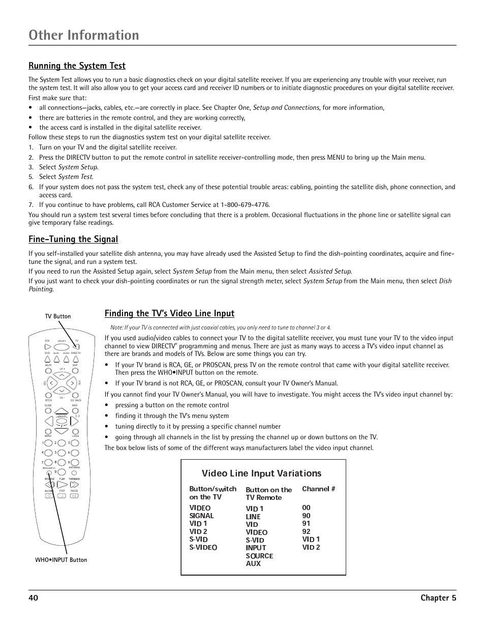Running the system test, Fine-tuning the signal, Finding the tv’s video line input | Other information, 40 chapter 5 | RCA DRD455RH User Manual | Page 42 / 48