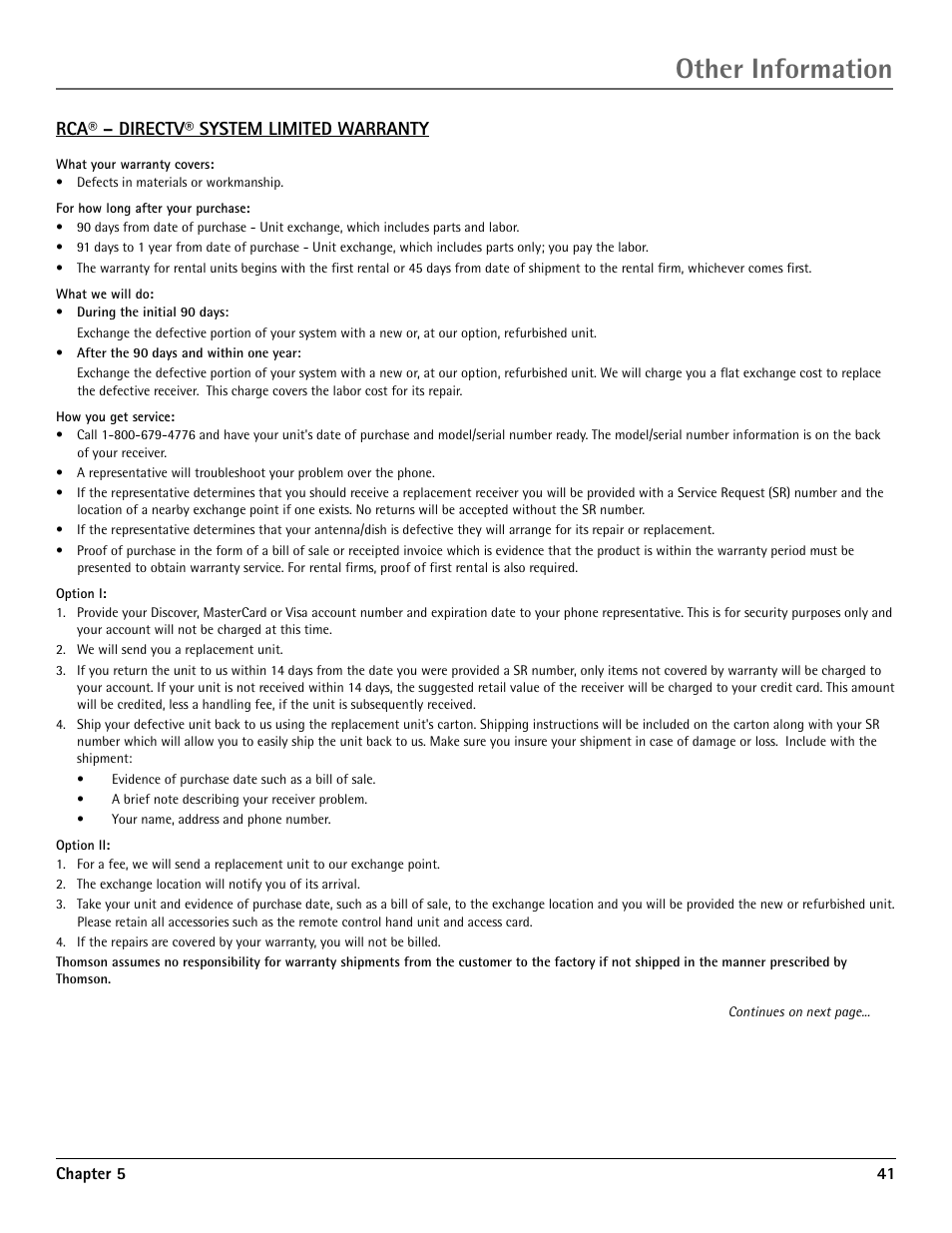 Limited warranty, Other information, Rca® – directv® system limited warranty | RCA DRD455RH User Manual | Page 43 / 48