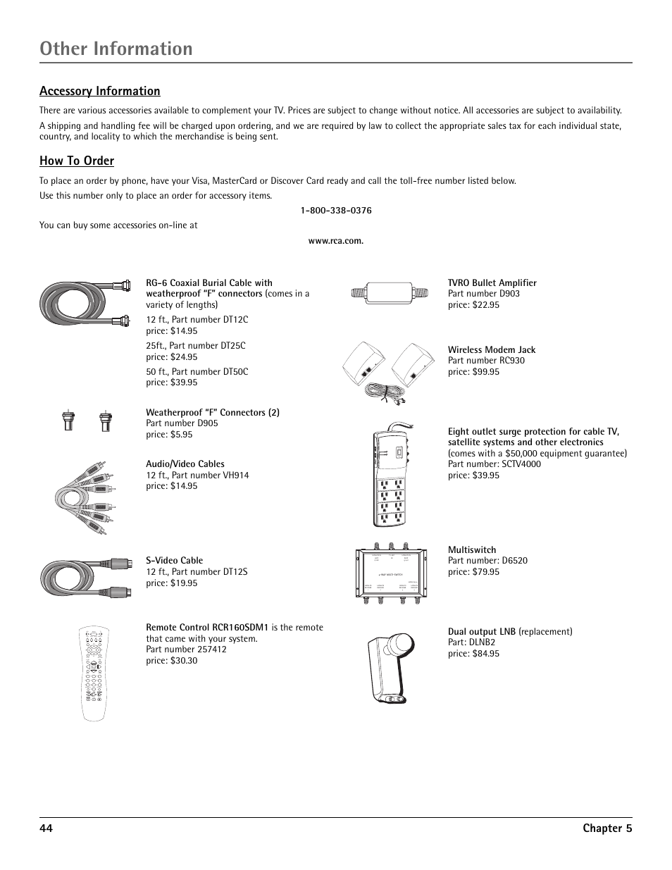 Accessory information, Other information, How to order | 44 chapter 5, Who input aux1 vo l vol ch - ch | RCA DRD455RH User Manual | Page 46 / 48