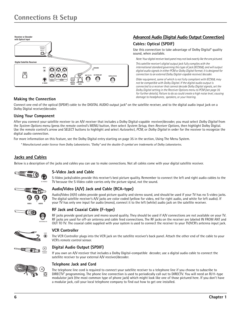 Jacks and cables, Connections & setup, Advanced audio (digital audio output connection) | 6chapter 1, Cables: optical (spdif), Making the connection, Using your component, S-video jack and cable, Audio/video (a/v) jack and cable (rca-type), Rf jack and coaxial cable (f-type) | RCA DRD455RH User Manual | Page 8 / 48