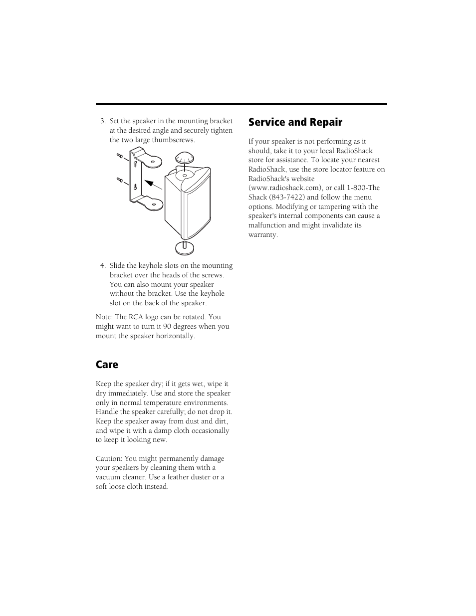 Care, Service and repair | RCA 40-5041 User Manual | Page 3 / 4