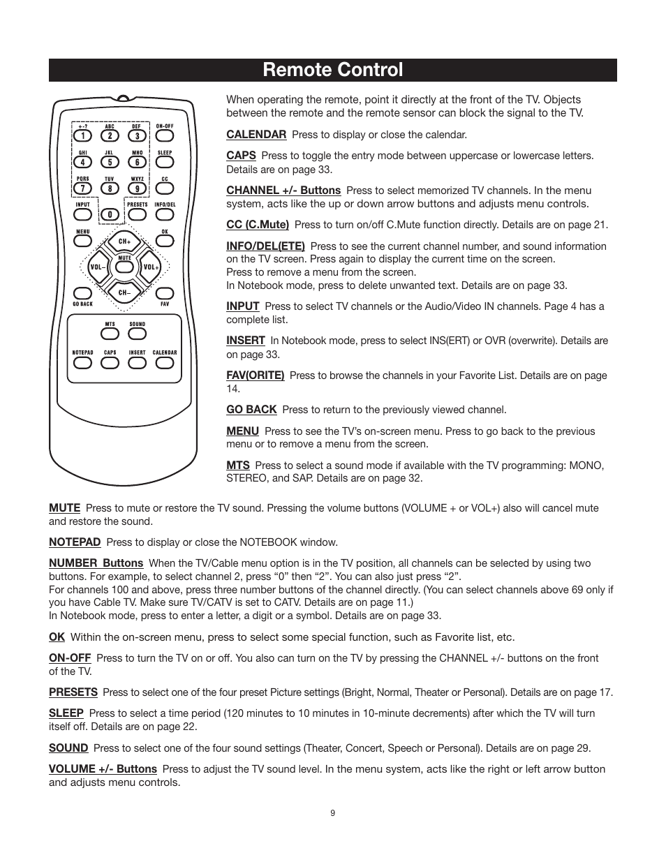 Remote control | RCA 27F500T User Manual | Page 10 / 40