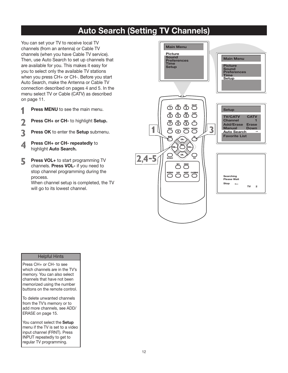Auto search (setting tv channels) | RCA 27F500T User Manual | Page 13 / 40