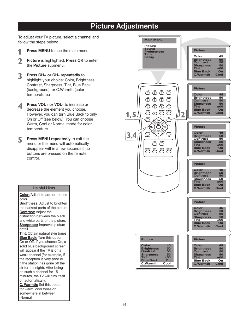 Picture adjustments, Helpful hints | RCA 27F500T User Manual | Page 17 / 40