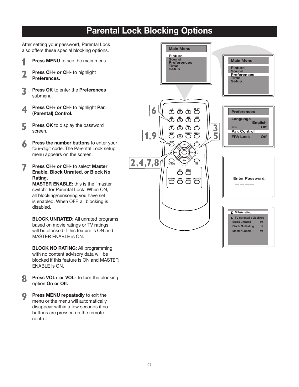 Parental lock blocking options | RCA 27F500T User Manual | Page 28 / 40