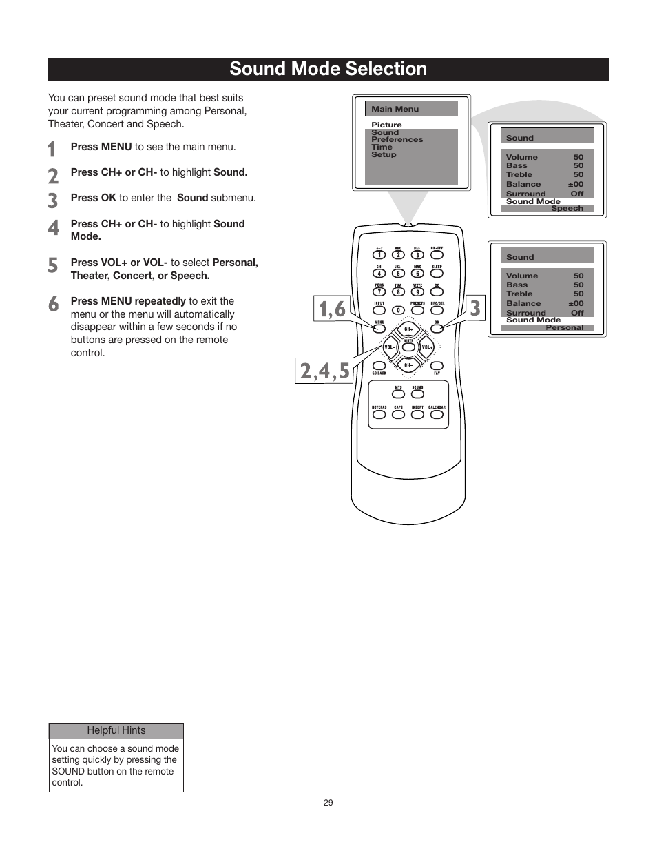 Sound mode selection | RCA 27F500T User Manual | Page 30 / 40