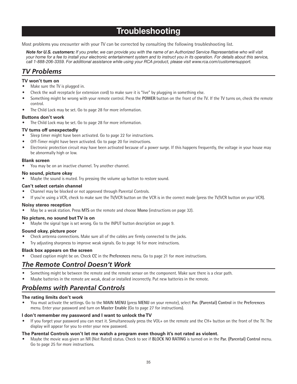 Troubleshooting, Tv problems, The remote control doesn’t work | Problems with parental controls | RCA 27F500T User Manual | Page 36 / 40