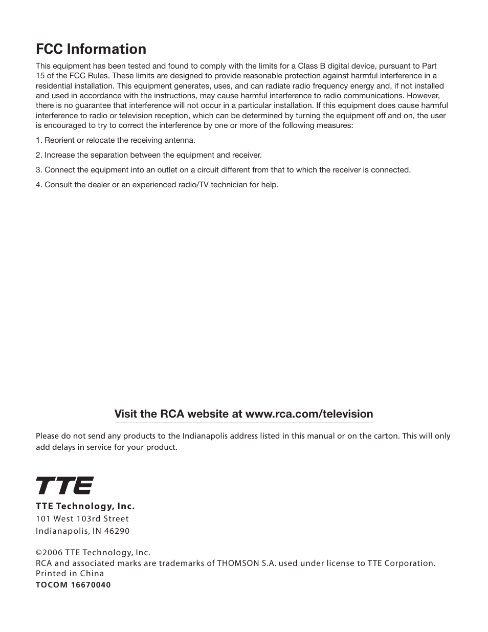 Fcc information | RCA 27F500T User Manual | Page 40 / 40