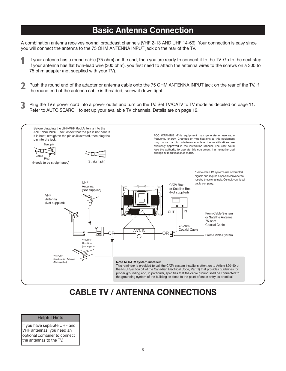 Basic antenna connection, Cable tv / antenna connections | RCA 27F500T User Manual | Page 6 / 40