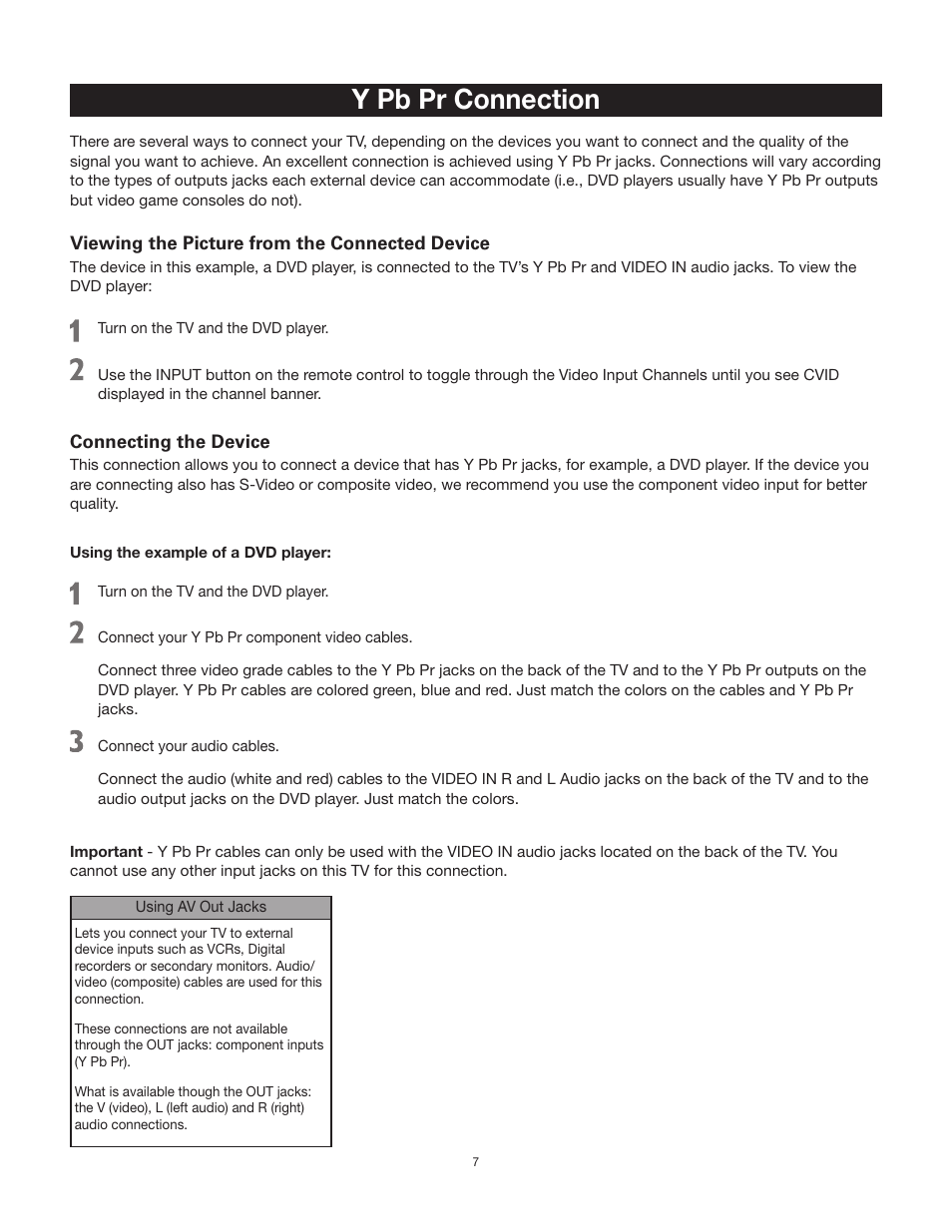 Y pb pr connection | RCA 27F500T User Manual | Page 8 / 40