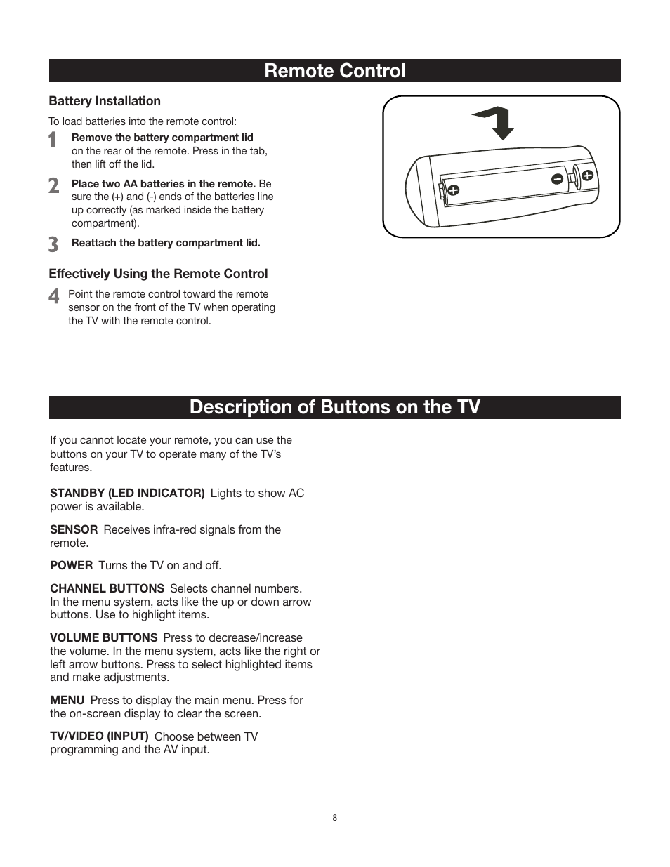Remote control, Remote control description of buttons on the tv | RCA 27F500T User Manual | Page 9 / 40