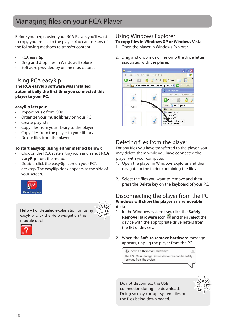 Managing files on your rca player, Using rca easyrip, Using windows explorer | Deleting files from the player, Disconnecting the player from the pc | RCA TH1804 User Manual | Page 10 / 25