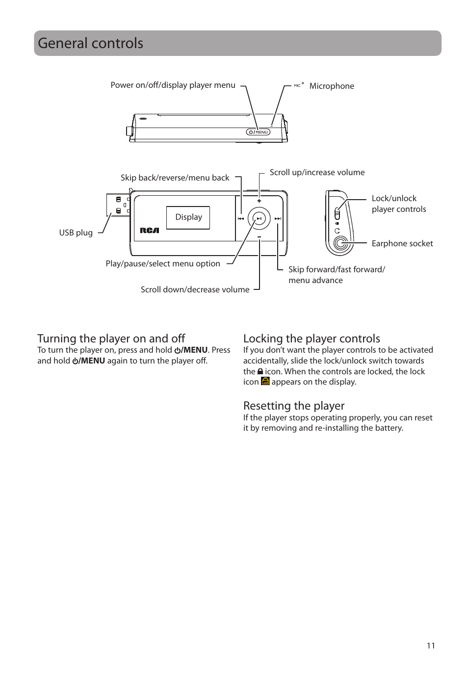 General controls, Turning the player on and off, Locking the player controls | Resetting the player | RCA TH1804 User Manual | Page 11 / 25