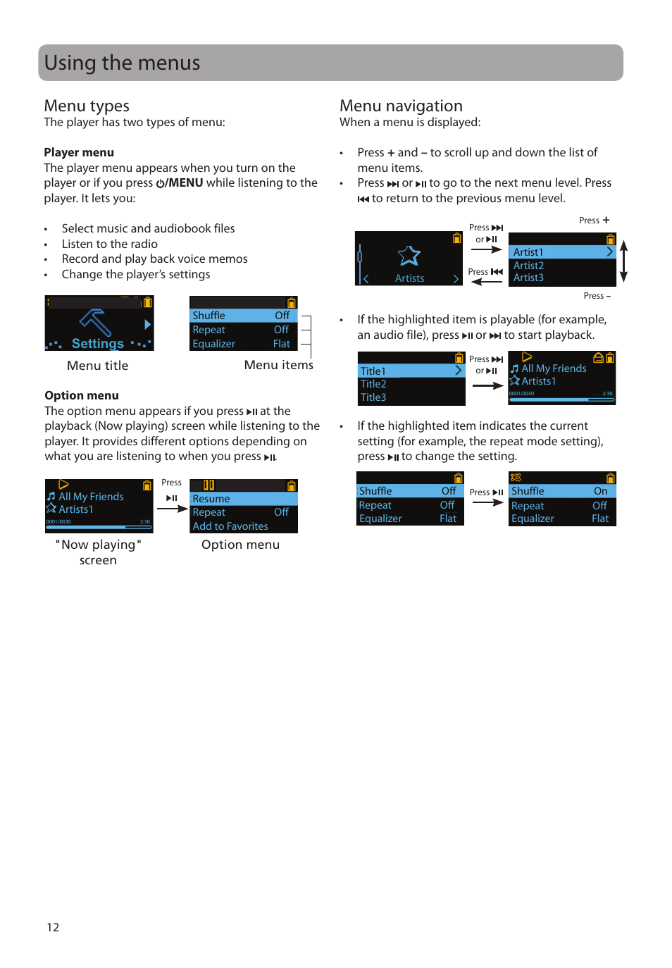 Using the menus, Menu types, Menu navigation | RCA TH1804 User Manual | Page 12 / 25