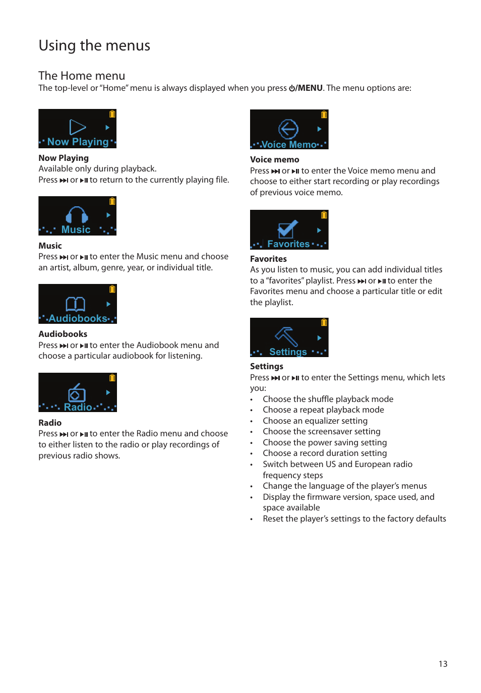 The home menu, Using the menus | RCA TH1804 User Manual | Page 13 / 25