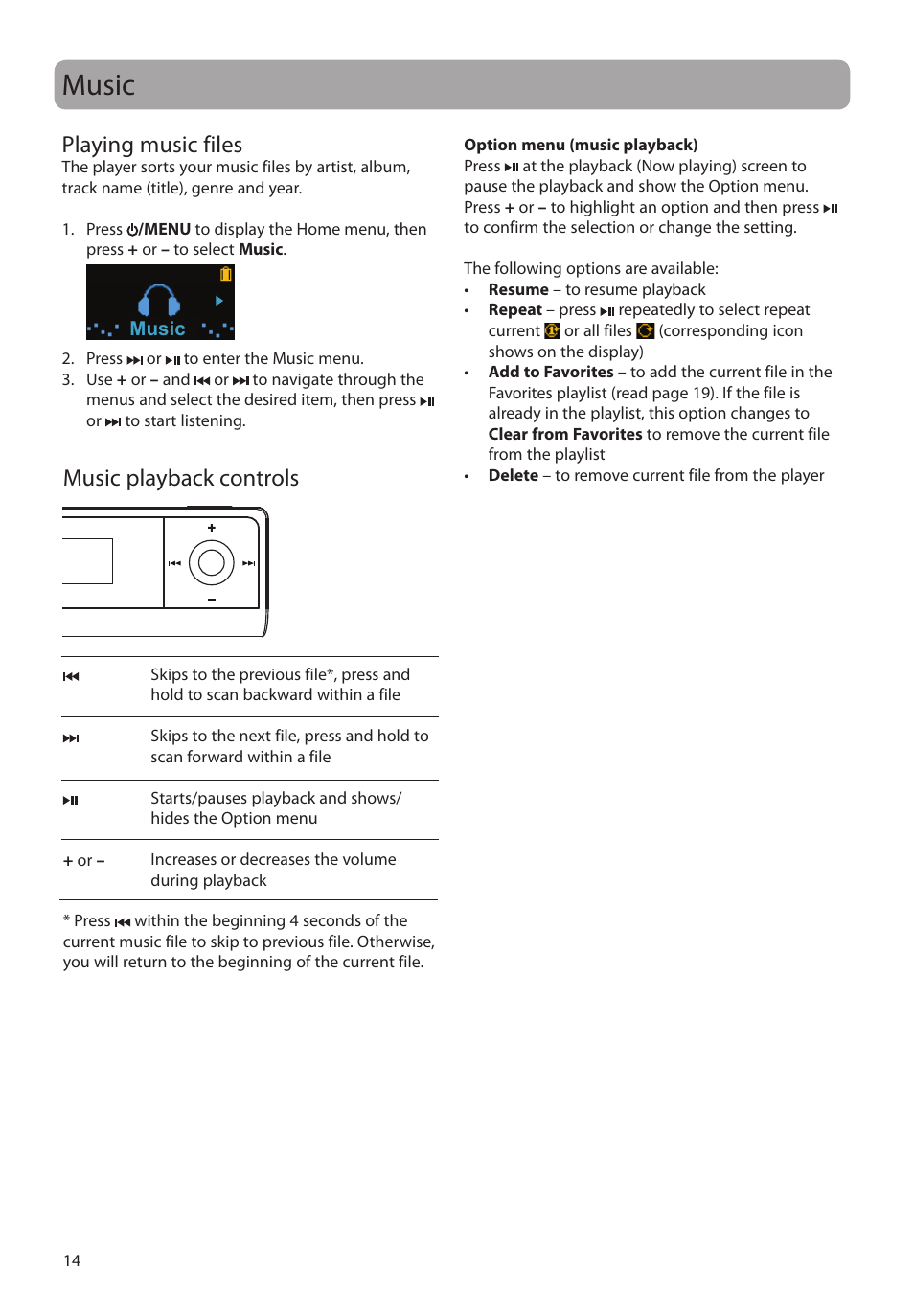 Music, Playing music files, Music playback controls | Audiobooks | RCA TH1804 User Manual | Page 14 / 25