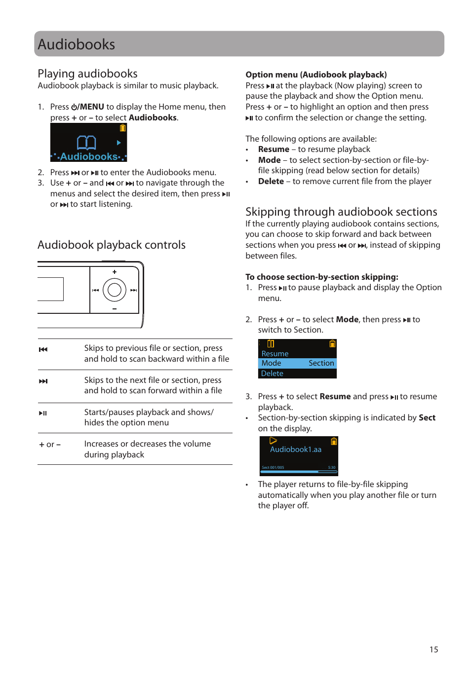 Playing audiobooks, Audiobook playback controls, Skipping through audiobook sections | Audiobooks | RCA TH1804 User Manual | Page 15 / 25