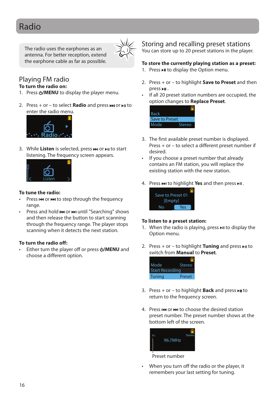 Radio, Playing fm radio, Storing and recalling preset stations | RCA TH1804 User Manual | Page 16 / 25