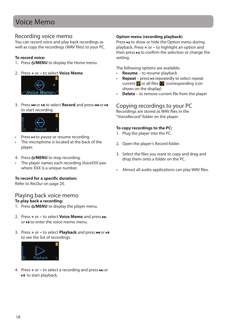 Voice memo, Recording voice memo, Playing back voice memo | Copying recordings to your pc, Favorites, Creating a "favorites" playlist | RCA TH1804 User Manual | Page 18 / 25